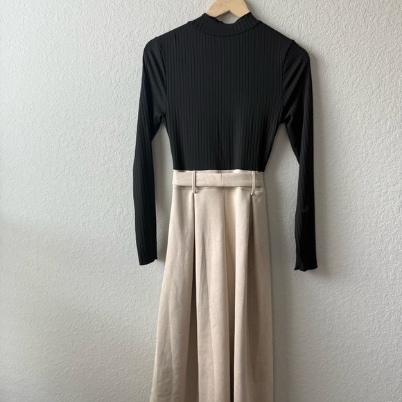 SHEIN | Black Ribbed Mock Neck Top & Beige Button-Front Midi Skirt | Size Medium - Picture 2 of 6